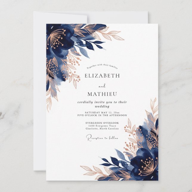 Navy Rose Gold Opulent Winter Wedding Invitation (Front)