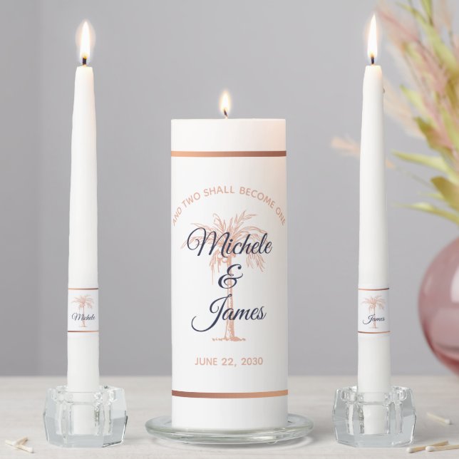 Navy Rose Gold Palm Tree Wedding Ceremony Unity Candle Set (In Situ)