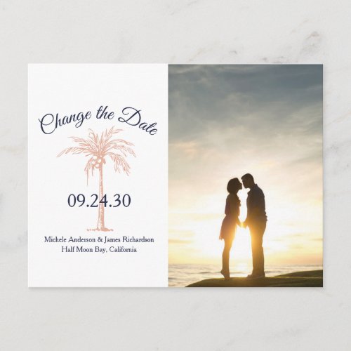 Navy Rose Gold Palm Tree Wedding Change Date Photo Announcement Postcard