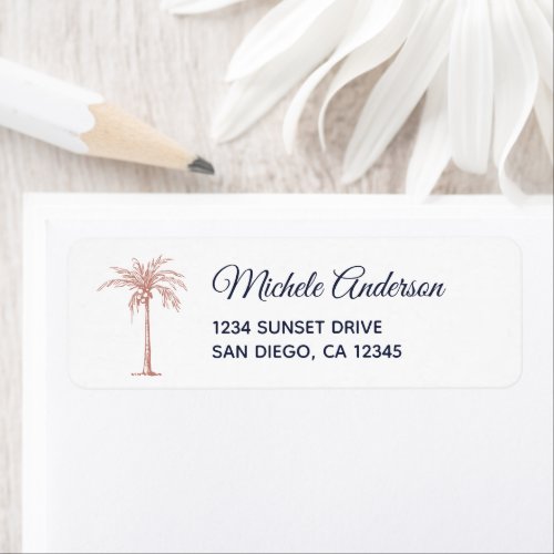 Navy Rose Gold Palm Tree Wedding Return Address Label