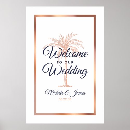 Navy Rose Gold Palm Tree Wedding Welcome Poster