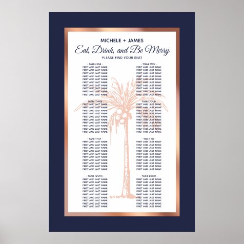 Navy Rose Gold Palm Tropical Wedding Seating Chart