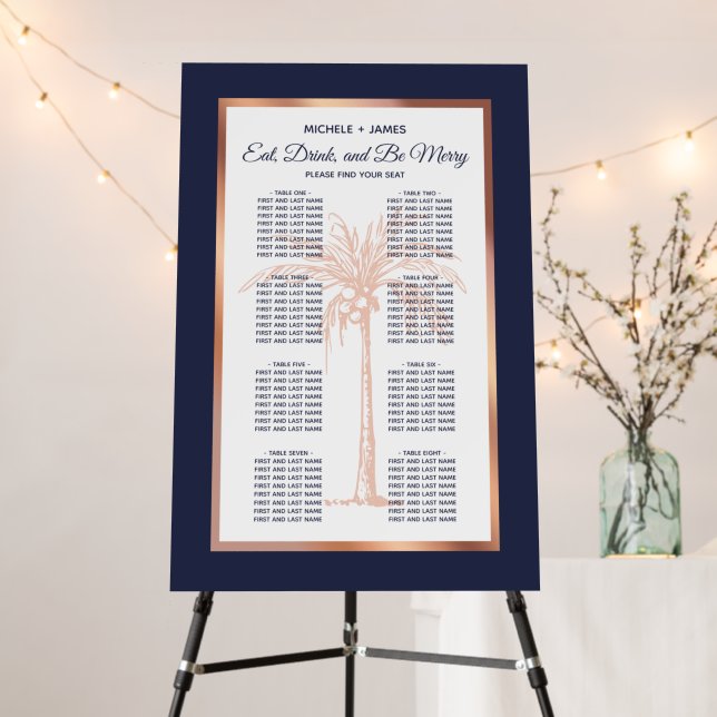 Navy Rose Gold Palm Tropical Wedding Seating Chart Foam Board (In Situ (Stand))
