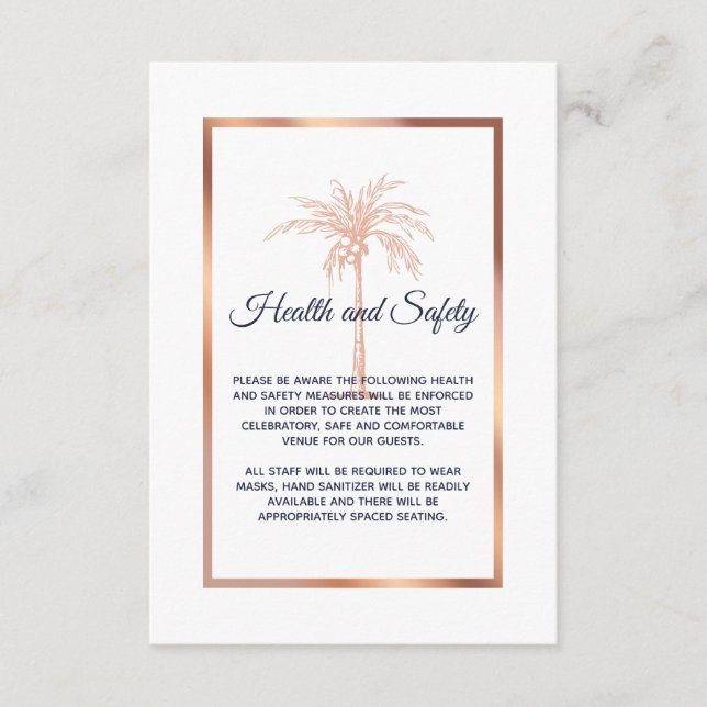 Navy Rose Gold Palm Wedding Health and Safety Enclosure Card (Front)