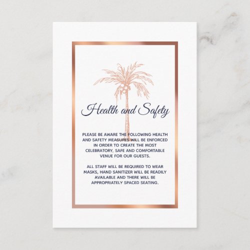 Navy Rose Gold Palm Wedding Health and Safety Enclosure Card