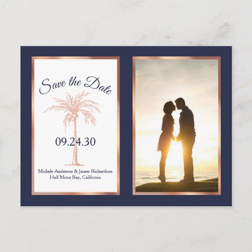 Navy Rose Gold Palm Wedding Save The Date Photo Announcement Postcard
