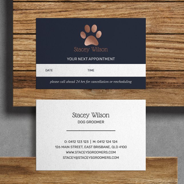 Navy Rose Gold Paw Print Logo Appointment Card (Creator Uploaded)