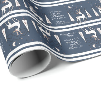 Navy Rose Gold Peace on Earth Reindeer at Night Wrapping Paper