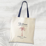 Navy Rose Gold Pink Palm Tree Wedding Welcome Tote Bag<br><div class="desc">Customize this navy blue and gold "Welcome" tote bag with your own special touch. This modern design features modern script,  navy blue text and an artistic rose gold pink palm tree. Personalize it with your names,  wedding date and location. If you need help or matching items,  please contact me.</div>