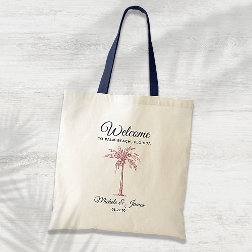 Navy Rose Gold Pink Palm Tree Wedding Welcome Tote Bag