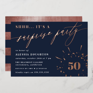 Navy & Rose Gold Script Surprise Party Foil Invitation