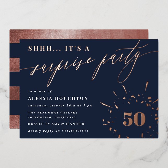 Navy & Rose Gold Script Surprise Party Foil Invitation (Front/Back)