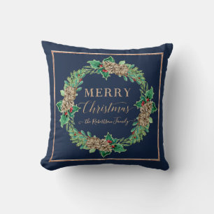 Navy Rose Gold Script Typography Merry Christmas Throw Pillow