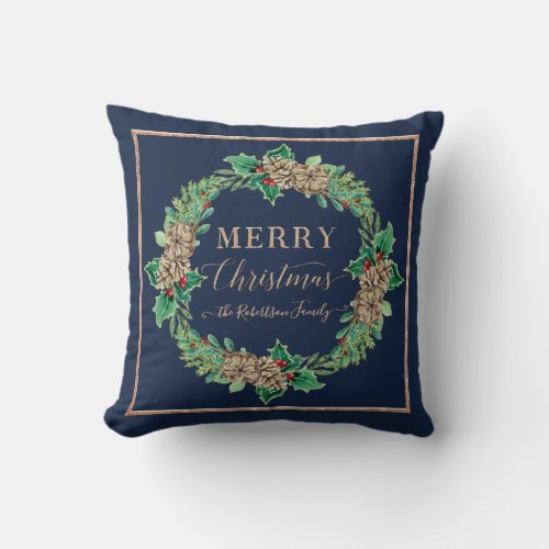 Navy Rose Gold Script Typography Merry Christmas Throw Pillow