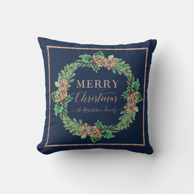 Navy Rose Gold Script Typography Merry Christmas Throw Pillow (Front)