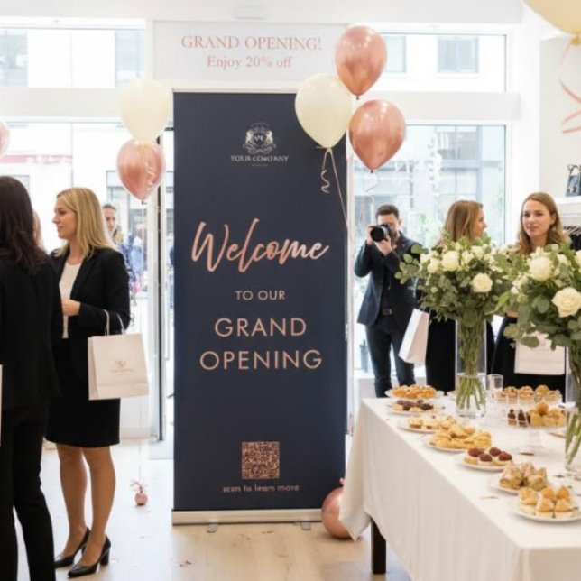 Navy & Rose Gold Script Welcome Logo QR Code Retractable Banner (Creator Uploaded)
