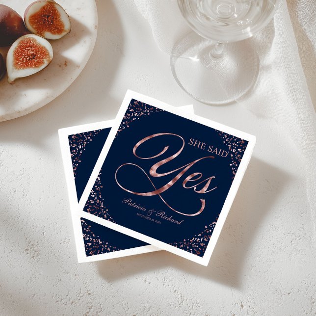Navy Rose Gold She Said Yes Engagement Party Napkins (Creator Uploaded)