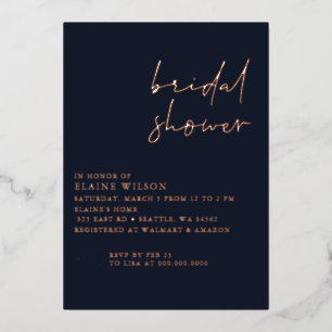 Navy Rose Gold Simple Modern Bridal Shower Foil Invitation