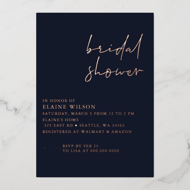 Navy Rose Gold Simple Modern Bridal Shower Foil Invitation (Front)