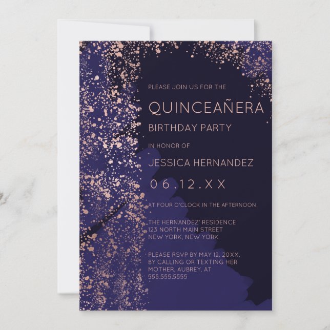 Navy Rose Gold Splatter Brushstroke Quinceañera Invitation (Front)