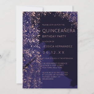 Navy Rose Gold Splatter Brushstroke Quinceañera Invitation