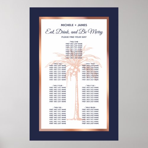 Navy Rose Gold Tropical Palm Wedding Seating Chart