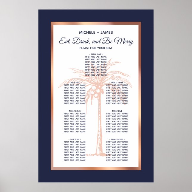 Navy Rose Gold Tropical Palm Wedding Seating Chart (Front)