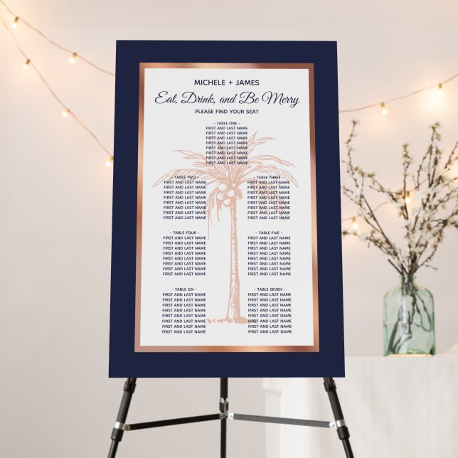 Navy Rose Gold Tropical Palm Wedding Seating Chart Foam Board (In Situ (Stand))
