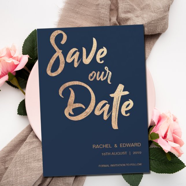 Navy Rose Gold Typography Wedding Save The Date (Creator Uploaded)