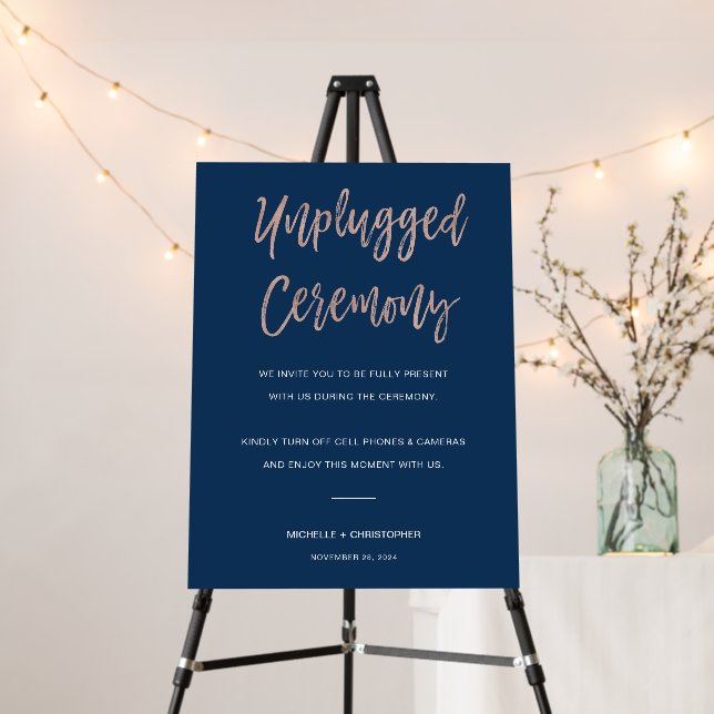 Navy & Rose Gold Unplugged Wedding Ceremony Sign (In Situ (Stand))