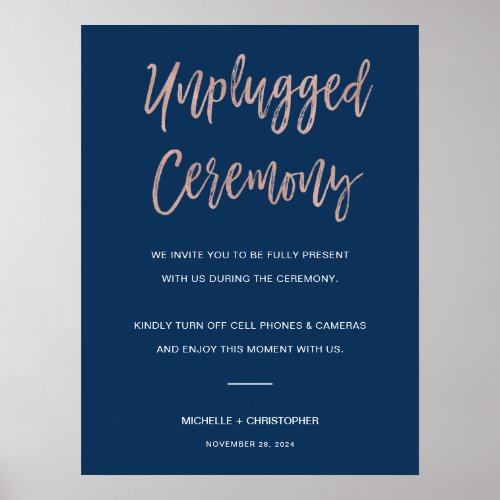 Navy  Rose Gold Unplugged Wedding Ceremony Sign