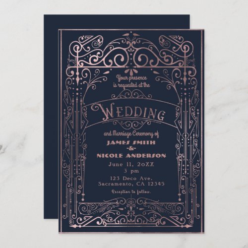 Navy  Rose Gold Vintage Victorian Deco Wedding Invitation