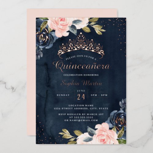 Navy Rose Gold Watercolor Quinceanera  Foil Invitation
