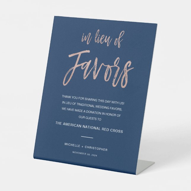 Navy & Rose Gold Wedding In Lieu Of Favors Sign (Front)