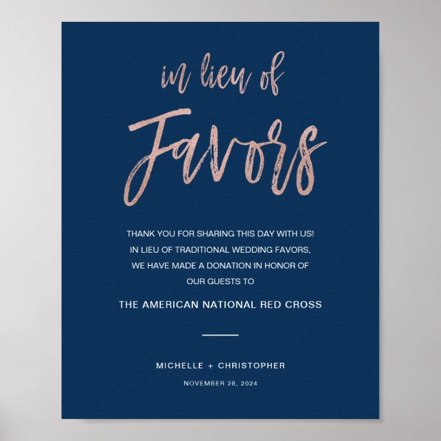 Navy & Rose Gold Wedding In Lieu Of Favors Sign (Front)