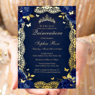 Navy Rose Lace Butterfly Quinceanera Birthday  Foil Invitation