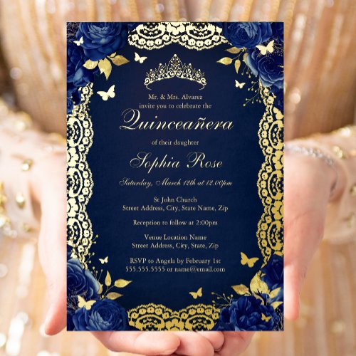 Navy Rose Lace Butterfly Quinceanera Birthday  Foil Invitation