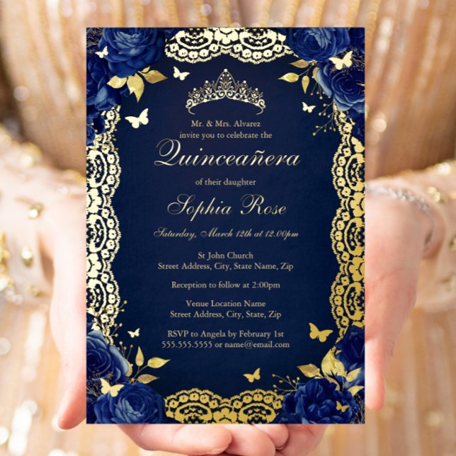 Navy Rose Lace Butterfly Quinceanera Birthday  Foil Invitation (Creator Uploaded)