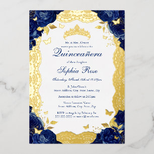 Navy Rose Lace Quinceanera Birthday  Foil Invitation