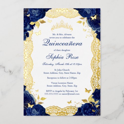 Navy Rose Lace Quinceanera Birthday  Foil Invitation