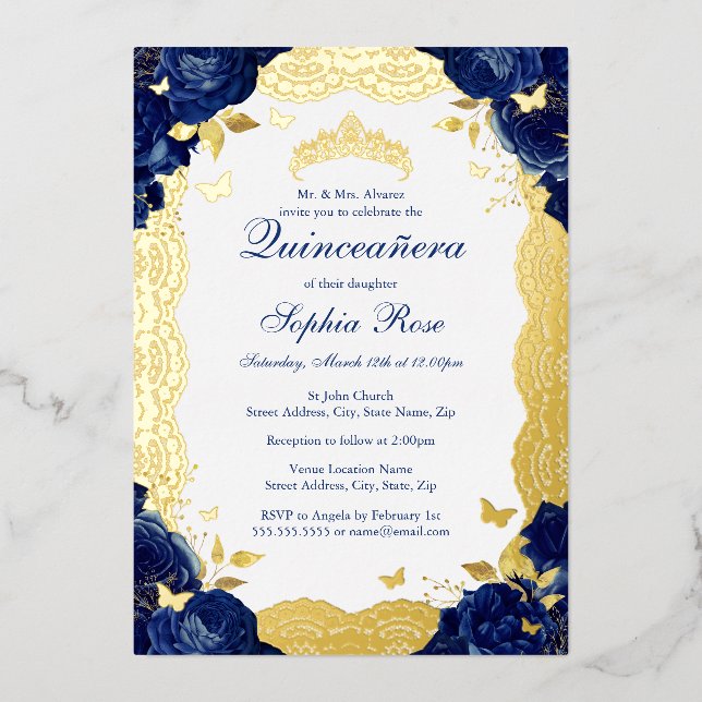 Navy Rose Lace Quinceanera Birthday  Foil Invitation (Front)