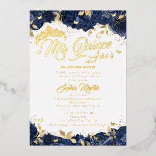 Navy Rose Mis Quince Gold Quinceanera  Foil Invitation