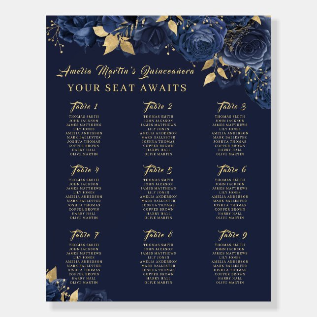 Navy Rose Swirl Gold Quinceanera  Seating Chart   Foam Board (Front)