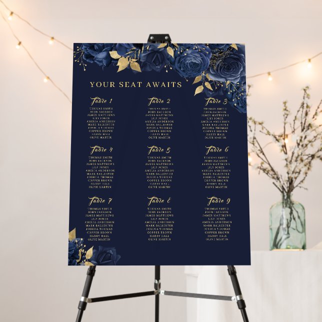 Navy Rose Swirl Gold Seating Chart  Foam Board (In Situ (Stand))