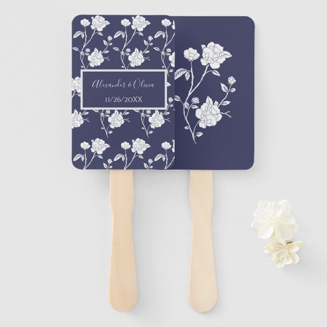 Navy Rose Wedding Favor Hand Fan (Front and Back)
