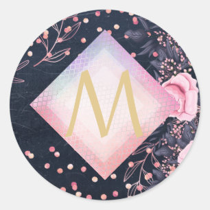 Navy Rosegold Monogram Gifts Girly Floral Pink Classic Round Sticker