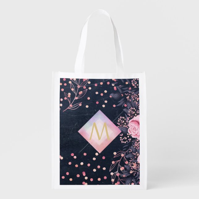 Navy Rosegold Monogram Gifts Girly Floral Pink Grocery Bag (Front)