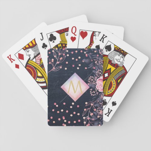 Navy Rosegold Monogram Gifts Girly Floral Pink Playing Cards