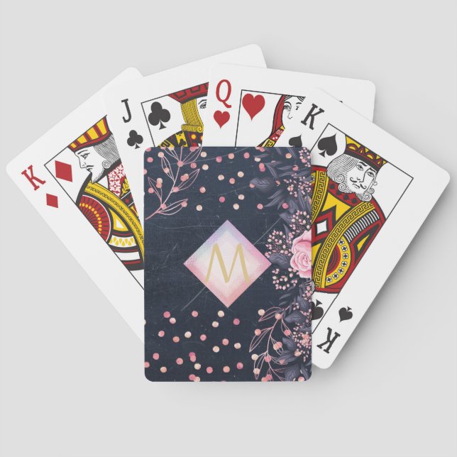 Navy Rosegold Monogram Gifts Girly Floral Pink Poker Cards (Back)