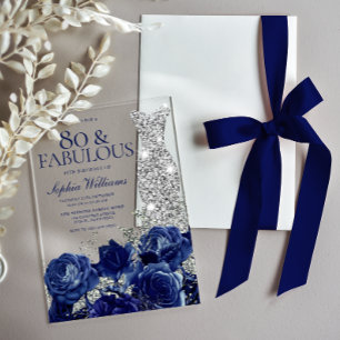 Navy Roses Diamond Dress 80th Birthday Party Acrylic Invitations